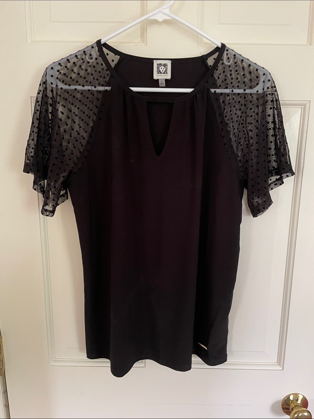 Anne Klein Black Blouse with Sheer Polka-Dot Flutter Sleeves